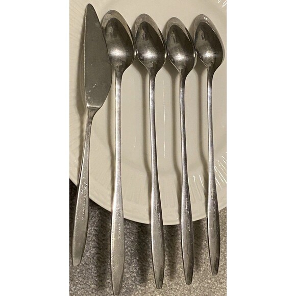 VTG Eldan ELD18 Stainless Steel Flatware Japan Roses 4 Ice Tea Spoons + 1 Knife - Picture 3 of 15